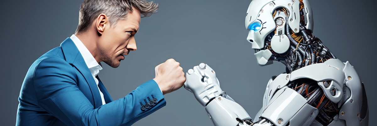 robot arm wrestling a businessman